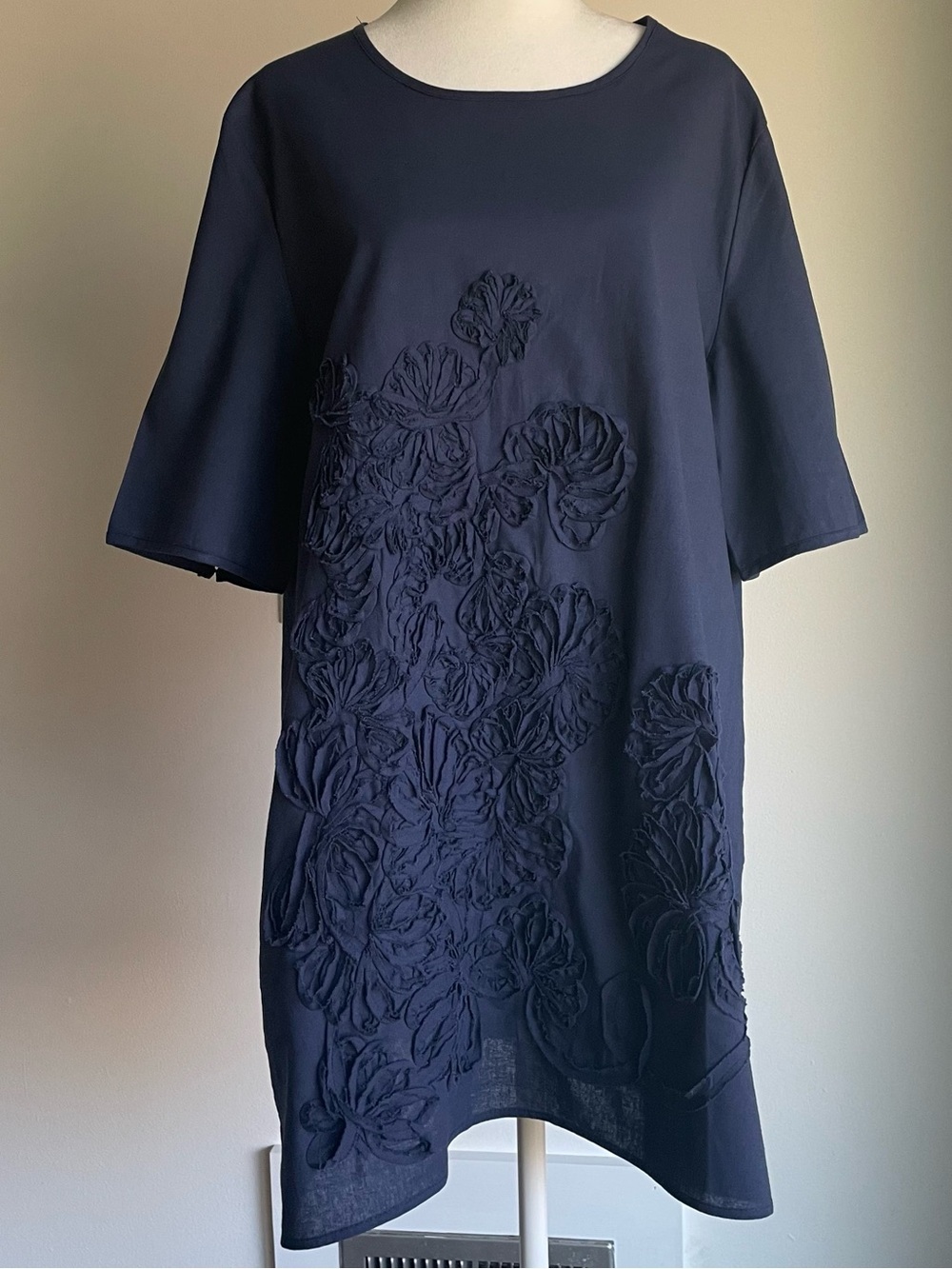 Linen Tunic Top with Appliqué and Pockets Midi Navy Size XXL